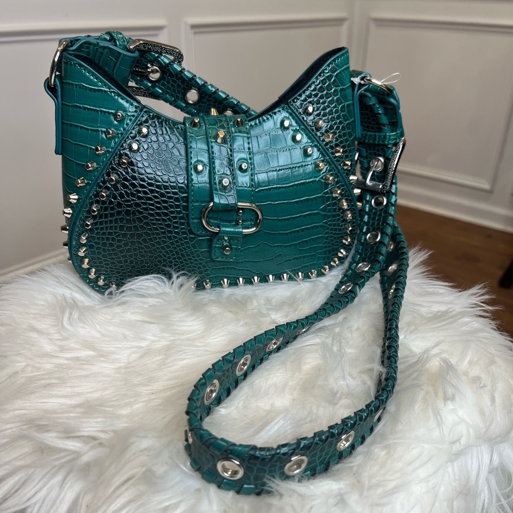 Urban Outfitters Teal Croc-Embossed Studded Crossbody Bag